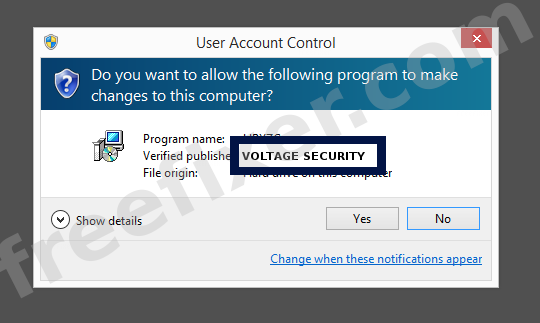 Screenshot where VOLTAGE SECURITY appears as the verified publisher in the UAC dialog